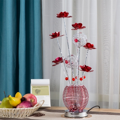 Aluminum Wire Red/Pink Finish Nightstand Lamp Florets and Vase LED Decorative Night Table Lighting