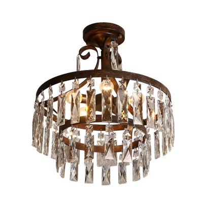 Antiqued 2-Tier Round Semi Flush Lamp 5 Bulbs Rectangle-Cut Crystal Ceiling Light Fixture in Black