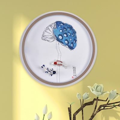 Asia LED Flush Mount Wall Sconce White Mountain/Fish Mural Wall Mount Lighting with Iron Shade