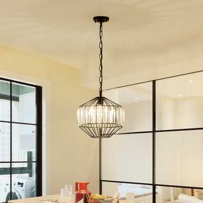Black Lantern/Geometric Caged Pendant Rustic Crystal Embedded Single Dining Table Pendulum Light
