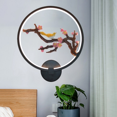 Black Ring Wall Mount Mural Light Chinoiserie LED Metal Wall Lamp Fixture with Plum Blossom and Bird Pattern