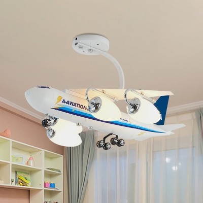 Blue Aircraft Shape Semi Flush Lamp Cartoon 4 Lights Metal Flush Ceiling Fixture with Bullet Opal Glass Shade