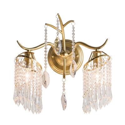 Branch Bedroom Wall Mount Light Traditional Crystal Drip 2-Light Gold Finish Wall Lamp Fixture