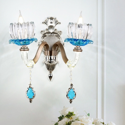 Chrome Floral Shade Wall Lamp Fixture Traditional 1/2-Head Blue Crystal Wall Lighting Idea for Bedroom