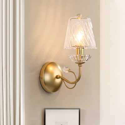Clear Twisted Glass Cone Wall Light Modern 1-Light Living Room Sconce Lighting Fixture in Gold