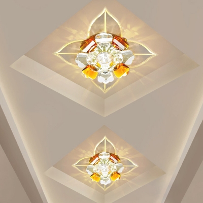 Contemporary Floral Flush Lamp Fixture Tan and Clear Crystal LED Hallway Ceiling Mounted Light