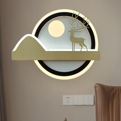 Elk and Ring Wall Light Fixture Asia Style Metal LED Bedroom Wall Mural Lamp in Black and Gold