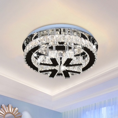 Faceted Crystal Block Round Semi Flush Modernist LED Stainless-Steel Ceiling Mounted Light