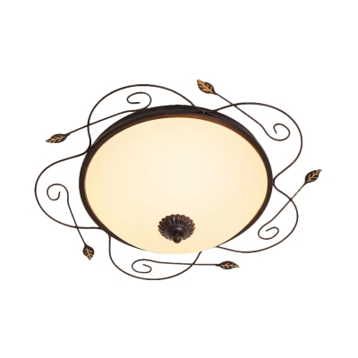 Farmhouse Bowl Shade Ceiling Mounted Lamp 3-Bulb White Glass Flush Light Fixture with Branch Deco in Black, 18