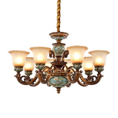 Floral Shade White Glass Pendant Traditional 6/8 Heads Living Room Ceramics Ceiling Chandelier in Brown