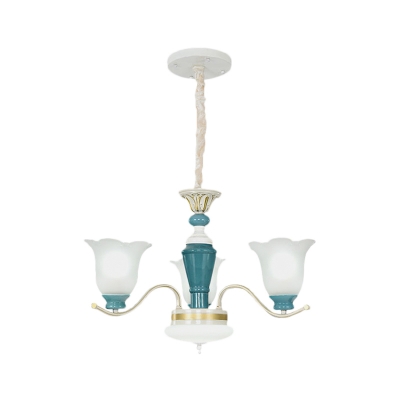 Flower Shade Bedroom Pendant Chandelier Farmhouse Milky Glass 3/6-Head Green Ceramics Pendulum Light