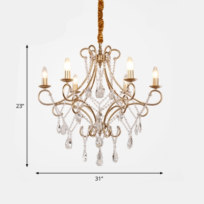 Gold Candelabra Hanging Light Fixture Rustic Metallic 6-Bulb Dining Room Chandelier with Scroll Arm and Crystal Strand