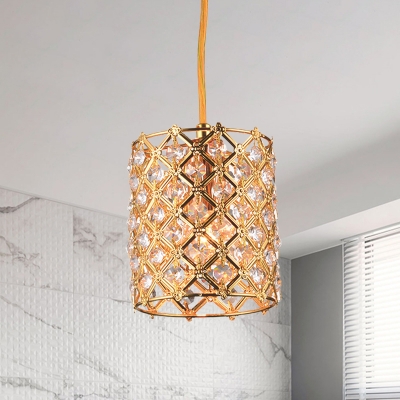 Gold Finish Cylinder Hanging Lamp Kit with Latticed Design Modernist 1-Light Opulent Inlaid Crystal Pendant