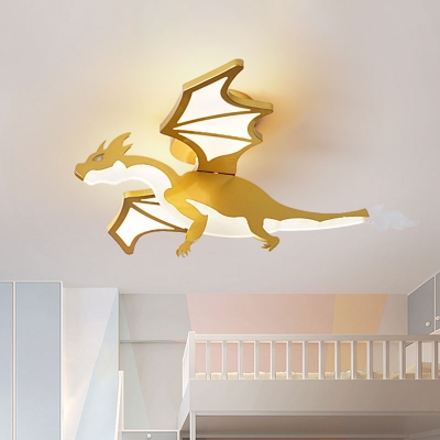 Gold Finish Pterosaur Shape Flushmount Cartoon LED Metal Semi Flush Mount for Boys Bedroom