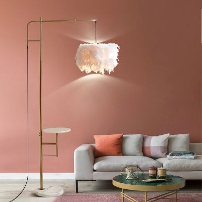 Gold Finish Right Angle Floor Desk Light Post Modern 1-Light Metal Stand Up Lamp with Feather Shade