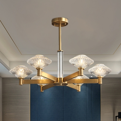 Gold Radial Chandelier Light Postmodern Metal 4/6-Bulb Bedroom Hanging Pendant with Gyro Crystal Shade