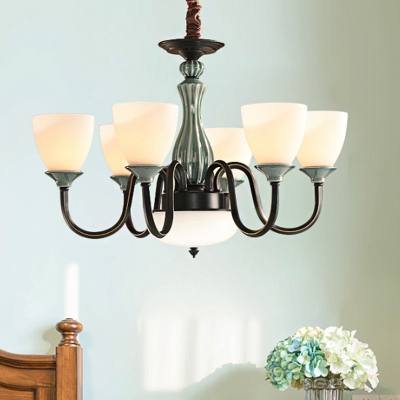Gooseneck Arm Metal Ceiling Chandelier Traditional 6/8 Heads Dining Room Pendulum Light with Cup Opal Glass Shade in Green and Black