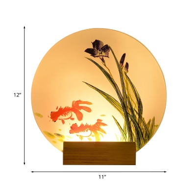 Hand-Paint Boat/Fish Wall Mural Lighting Chinese Acrylic Bedroom LED Round Sconce Light in Wood