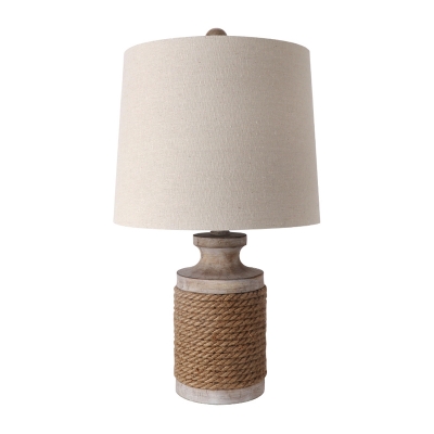 Hemp Rope Wrapped Jar Night Light Country Style 1-Light Bedroom Table Lamp with Cylinder Fabric Shade in White