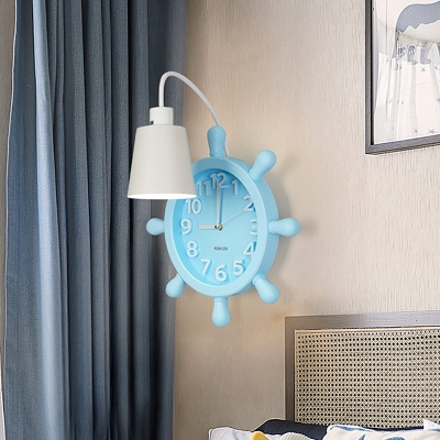 Mediterranean Cone Iron Wall Sconce Single-Bulb Wall Lamp with Rudder Clock Backplate in Pink/Blue