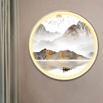 Metallic Round Sconce Lighting Chinese LED Gold Wall Mural Lamp with Mountain and Sun Pattern