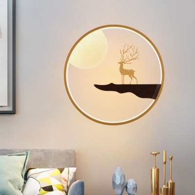 Nordic Deer and Full Moon Wood Mural Lamp LED Flush Mount Wall Sconce in Black/Beige for Living Room