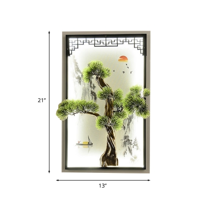 Pine Tree Resin Flush Mount Wall Sconce Chinese Green LED Wall Mounted Mural Lamp for Tearoom
