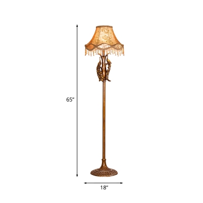 Retro Stylish Scalloped Floor Light 1 Head Peony-Print Fabric Stand Up Lamp with Fringe in Gold