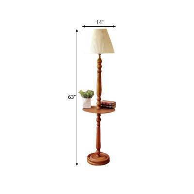 Shelf Wood Standing Floor Light Countryside 1 Head Living Room Floor Lamp in Brown with Cone White Fabric Shade