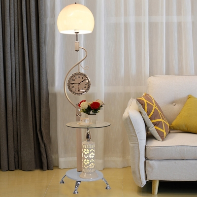 Single Floor Table Lamp with Dome Shade Opal Glass Vintage Parlour Clock Standing Floor Light in White/Black