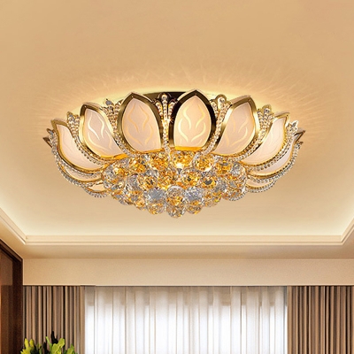 Traditional Lotus Flush Ceiling Light 7-Bulb Crystal Orbs Flush Mount Fixture in White and Gold