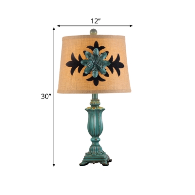 Traditional Square Pedestal Table Light Single Light Resin Nightstand Lamp with Drum Patterned Fabric Shade in Blue, 21