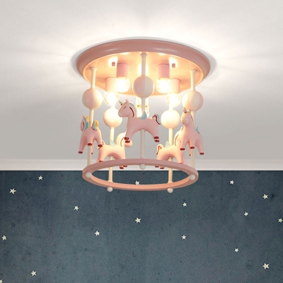 Unicorn Flush Light Fixture with Carrousel Design Cartoon Resin 6 Bulbs Blue/Pink Flush Mount