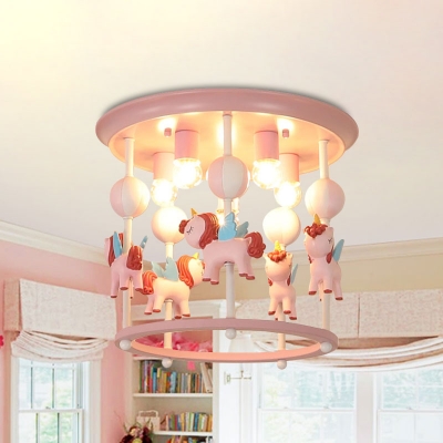 Unicorn Flush Light Fixture with Carrousel Design Cartoon Resin 6 Bulbs Blue/Pink Flush Mount