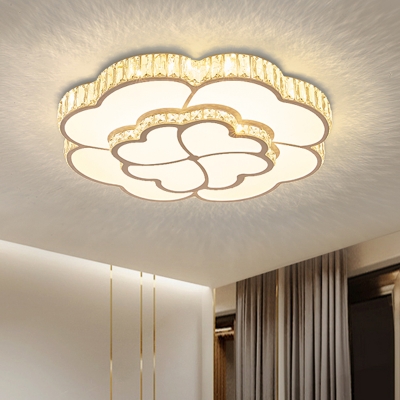 White 2-Layer Clover Ceiling Flush Modern Crystal Embedded Bedroom LED Flush Mount Lighting