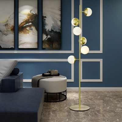 White Glass Orb Shade Floor Lamp Postmodern 6 Bulbs LED Branching Standing Light in Gold
