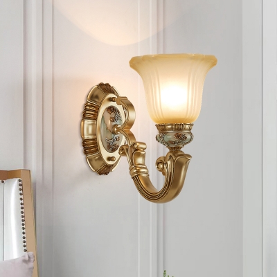 1/2-Light Bell Up Wall Light Fixture Antiqued Gold Finish Tan Glass Wall Mounted Lamp