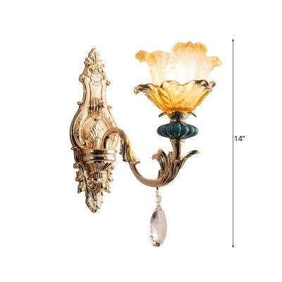 1 Bulb Wall Mount Lighting Traditional Blooming Flower Frosted Glass Sconce in Gold with Crystal Drop