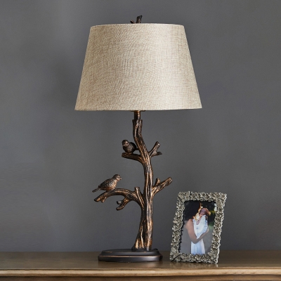1 Light Branch and Bird Desk Lamp Antiqued Bronze Resin Night Table Lamp with Barrel Fabric Shade