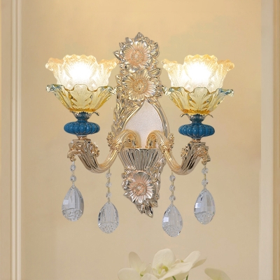 2-Layer Flower Frosted Glass Wall Lamp Rustic 1/2-Light Living Room Wall Mount Fixture in Gold