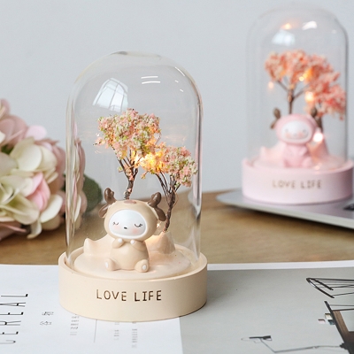 Sika Deer Night Stand Lamp Cartoon Resin Beige/Pink LED Table Lighting with Elongated Bell Clear Glass Shade