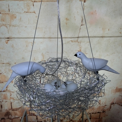 5 Lights Bird Nest LED Multi-Pendant Art Deco Silver Finish Aluminum Wire Ceiling Hang Fixture