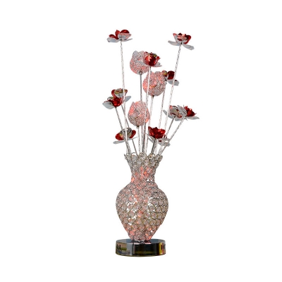 Art Deco Vase and Floret Desk Lamp Aluminum Wire LED Night Table Light in Silver and Red