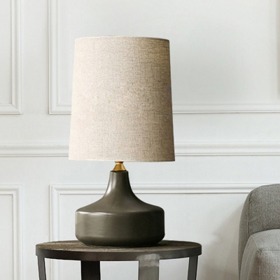 Barrel Fabric Table Lighting Minimalistic 1 Head Sitting Room Nightstand Lamp in White/Grey