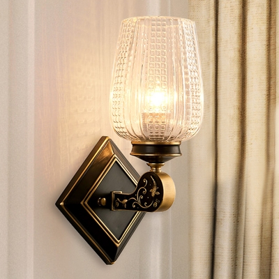 Black and Gold 1 Head Sconce Light Vintage Clear Glass Gridded Cup Wall Mount Lamp