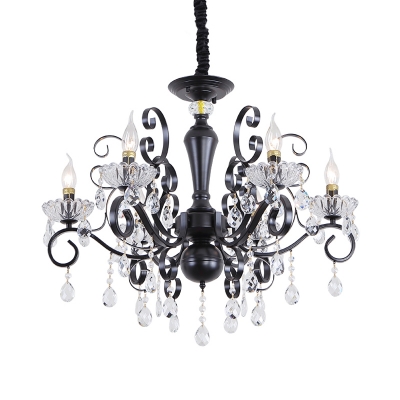 Black Scroll Arm Chandelier Traditional Metal 6-Bulb Bedroom Ceiling Hang Fixture with Crystal Deco
