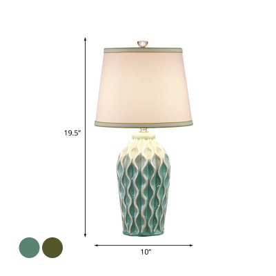 Blue/Green Finish 1 Bulb Table Light Traditional Ceramics Altar Shaped Nightstand Lamp with Fabric Shade