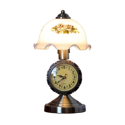 Brass Single Table Light with Clock Decor Vintage Printed Glass Scalloped Dome Reading Book Lamp