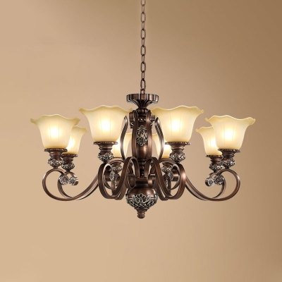 Bronze 8 Bulbs Pendant Chandelier Traditional White Frosted Glass Flower Up Suspension Light
