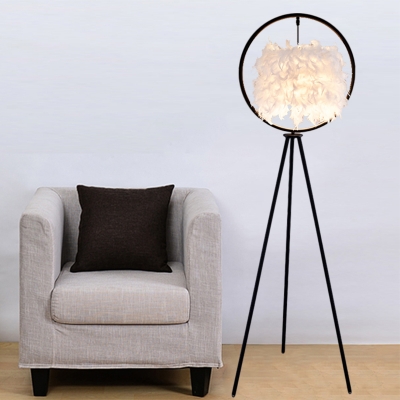 Circular Tripod Floor Lighting Postmodern Iron Single Black/Gold Standing Lamp with Suspended Cylinder Feather Shade